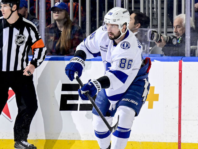 ELMONT, NEW YORK - APRIL 01: Nikita Kucherov #86 of the Tampa Bay Lightning skates against the New York Islanders during the game at UBS Arena on April 01, 2025 in Elmont, New York.