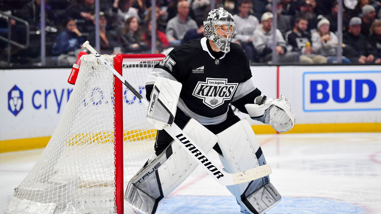 LOS ANGELES, CA - APRIL 5: Darcy Kuemper #35 of the Los Angeles Kings protects the goal during the second period against the Edmonton Oilers at Crypto.com Arena on April 5, 2025 in Los Angeles, California.