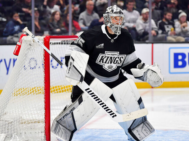 LOS ANGELES, CA - APRIL 5: Darcy Kuemper #35 of the Los Angeles Kings protects the goal during the second period against the Edmonton Oilers at Crypto.com Arena on April 5, 2025 in Los Angeles, California.