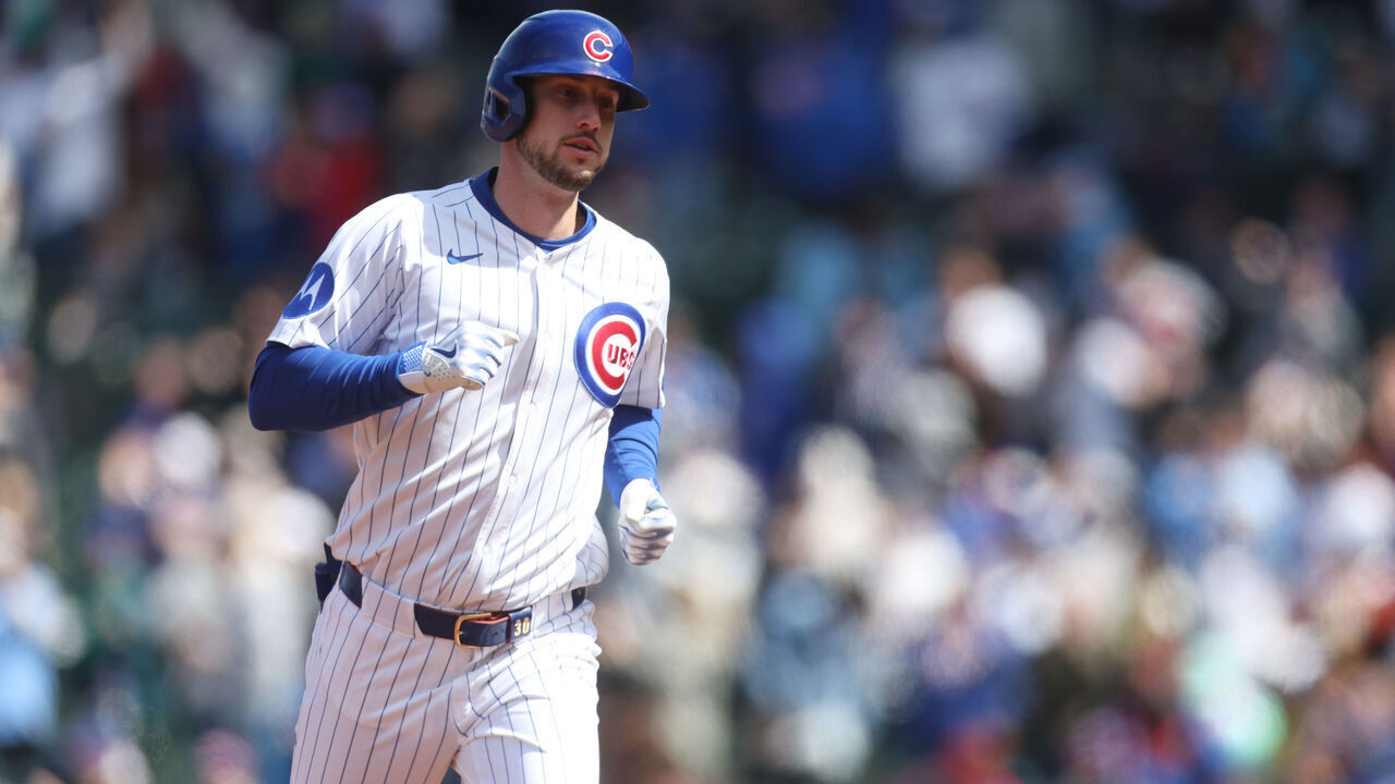 CHICAGO, ILLINOIS - APRIL 6: Kyle Tucker #30 of the Chicago Cubs celebrates hitting a home run during the second inning against the San Diego Padres at Wrigley Field on April 6, 2025 in Chicago, Illinois.