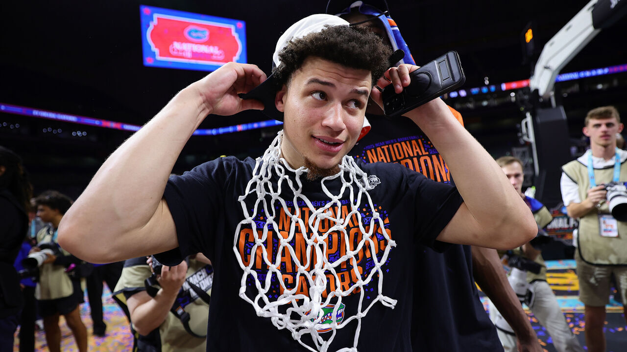 SAN ANTONIO, TEXAS - APRIL 07: Walter Clayton Jr. #1 of the Florida Gators celebrates after defeating the Houston Cougars in the National Championship of the NCAA Men's Basketball Tournament at the Alamodome on April 07, 2025 in San Antonio, Texas.
