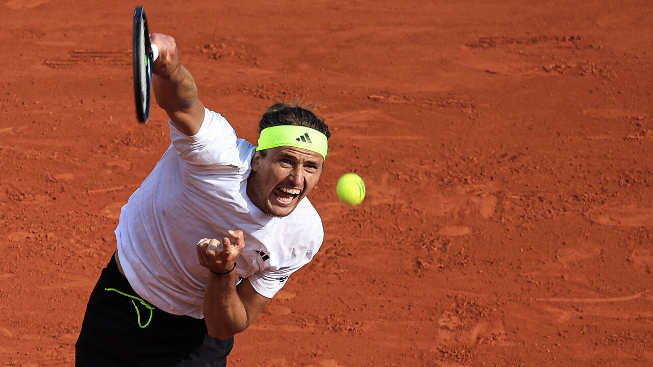 Germany's Alexander Zverev serves to Italy's Matteo Berrettini during the Monte Carlo ATP Masters Series Tournament round of 32 tennis match on the Rainier III court at the Monte Carlo Country Club in Roquebrune-Cap-Martin on April 8, 2025.