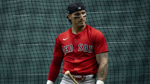 ARLINGTON, TEXAS - MARCH 28: Jarren Duran #16 of the Boston Red Sox reacts in the batting cage before a game against the Texas Rangers on March 28, 2025 at Globe Life Field in Arlington, Texas.