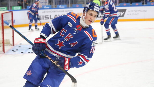 SAINT PETERSBURG, RUSSIA - 2025/03/14: Ivan Demidov (91) of SKA Hockey Club seen in action during the Hockey match, Kontinental Hockey League 2024/2025 between SKA Saint Petersburg and Sochi at the SKA Arena, in Saint Petersburg, Russian Federation. (Final score; SKA Saint Petersburg 2:0 Sochi).