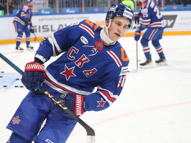 SAINT PETERSBURG, RUSSIA - 2025/03/14: Ivan Demidov (91) of SKA Hockey Club seen in action during the Hockey match, Kontinental Hockey League 2024/2025 between SKA Saint Petersburg and Sochi at the SKA Arena, in Saint Petersburg, Russian Federation. (Final score; SKA Saint Petersburg 2:0 Sochi).