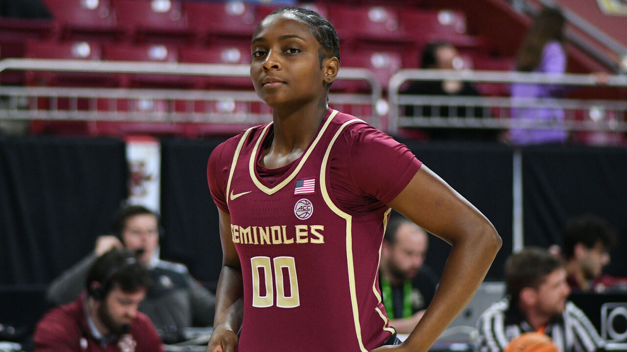 CHESTNUT HILL, MA - JANUARY 30: Florida State Seminoles guard Ta'Niya Latson (00) looks on before a women's college basketball game between the Florida State Seminoles and the Boston College Eagles on January 30, 2025, at Conte Forum in Chestnut Hill, MA.