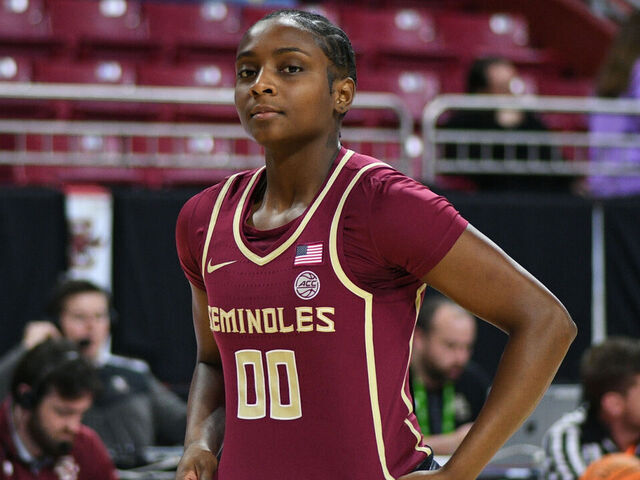 CHESTNUT HILL, MA - JANUARY 30: Florida State Seminoles guard Ta'Niya Latson (00) looks on before a women's college basketball game between the Florida State Seminoles and the Boston College Eagles on January 30, 2025, at Conte Forum in Chestnut Hill, MA.
