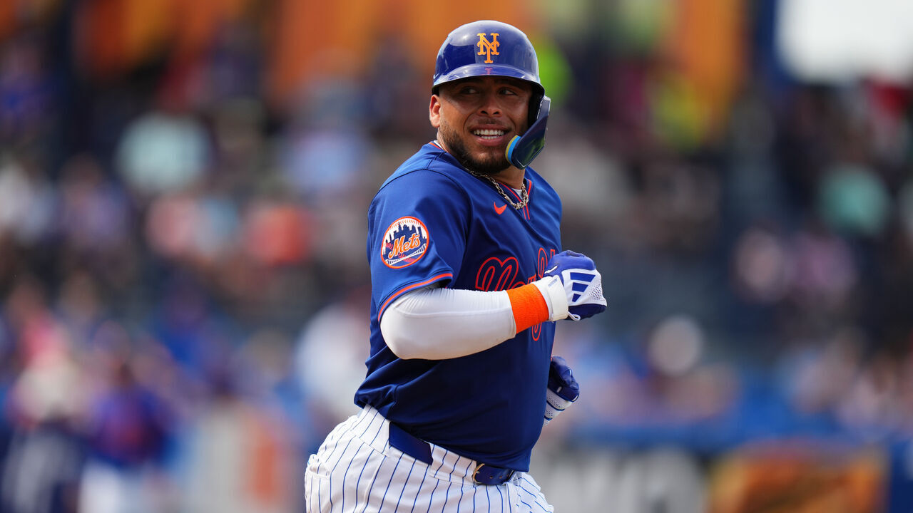 PORT ST. LUCIE, FLORIDA - FEBRUARY 27: Francisco Alvarez #4 of the New York Mets runs to first base during a spring training game against the Houston Astros at Clover Park on February 27, 2025 in Port St. Lucie, Florida.