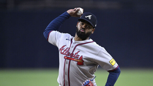 SAN DIEGO, CALIFORNIA - MARCH 28: Reynaldo Lopez #40 of the Atlanta Braves throws a pitch against the San Diego Padres during the first inning at Petco Park on March 28, 2025 in San Diego, California.