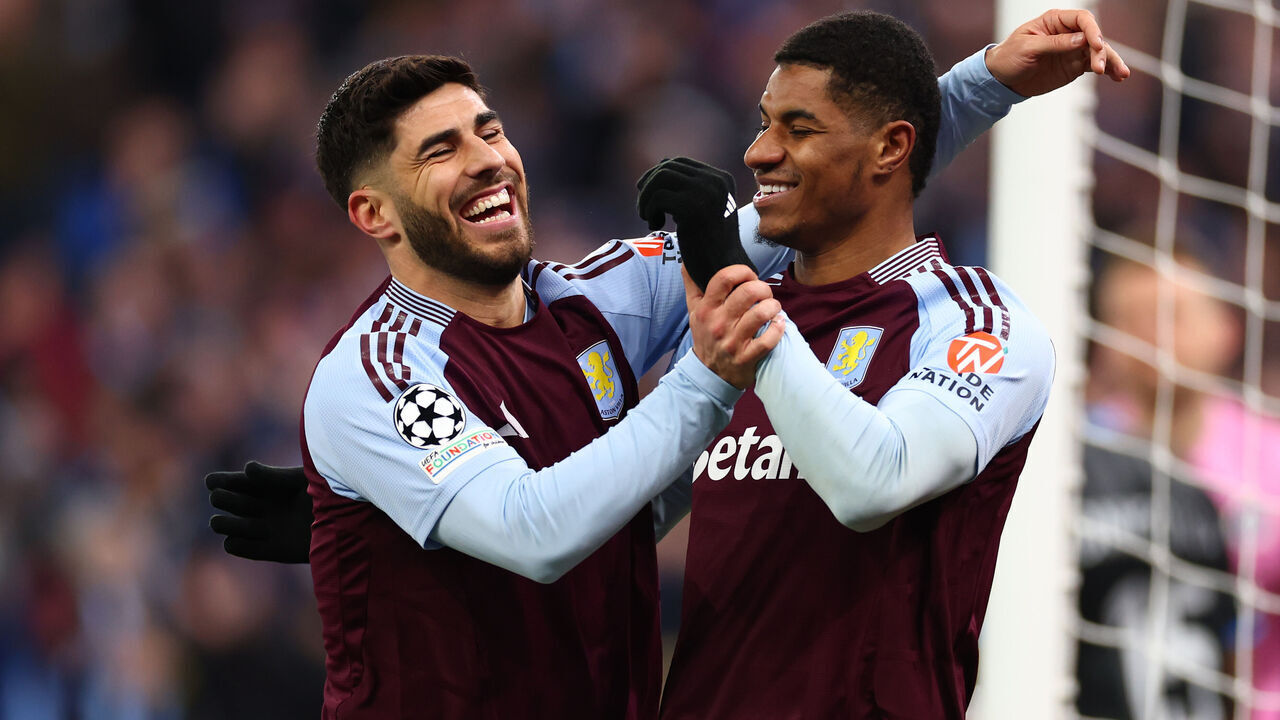 BIRMINGHAM, ENGLAND - MARCH 12: Marco Asensio of Aston Villa celebrates with Marcus Rashford after he scored for 3-0 during the UEFA Champions League 2024/25 UEFA Champions League 2024/25 Round of 16 Second Leg match between Aston Villa FC and Club Brugge KV at Villa Park on March 12, 2025 in Birmingham, England.