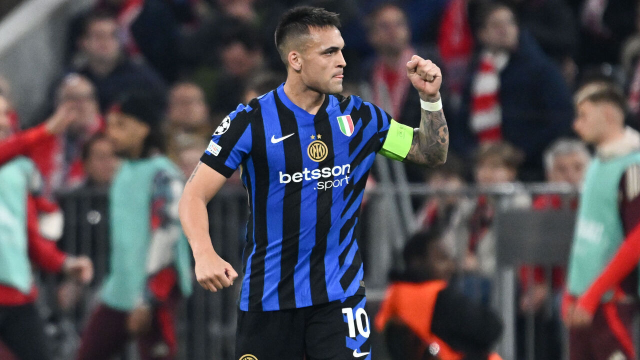 Lautaro Martinez of FC Inter celebrates after a goal during the UEFA Champions League quarter-finals first leg match between FC Bayern Monaco and Inter FC Internazionale, at Allianz Arena stadium in Monaco, Germany, on April 8, 2025.