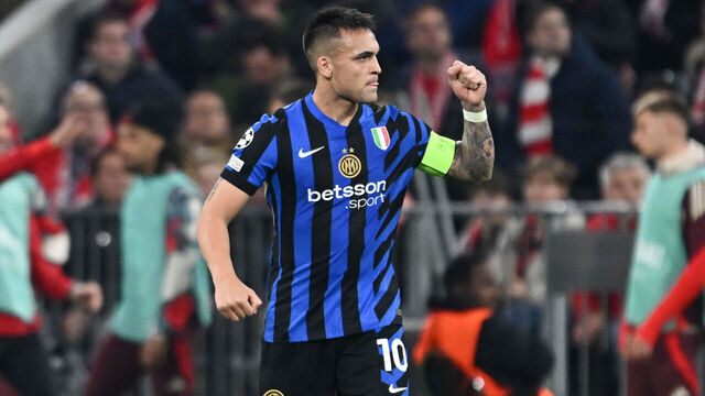 Lautaro Martinez of FC Inter celebrates after a goal during the UEFA Champions League quarter-finals first leg match between FC Bayern Monaco and Inter FC Internazionale, at Allianz Arena stadium in Monaco, Germany, on April 8, 2025.