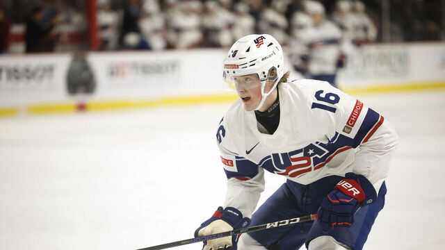 MONCTON, NB - DECEMBER 26: Chaz Lucius #16 of Team USA skates after the puck in the Latvia zone during the third period at Avenir Centre on December 26, 2022 in Moncton, Canada.