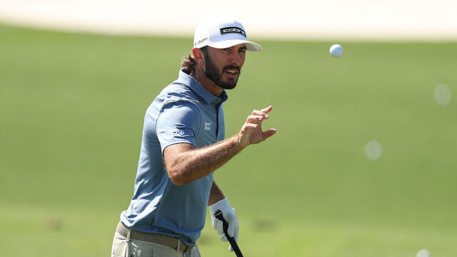 AUGUSTA, GEORGIA - APRIL 08: Max Homa of the United States catches a ball on the driving range during a practice round prior to the 2025 Masters Tournament at Augusta National Golf Club on April 08, 2025 in Augusta, Georgia.