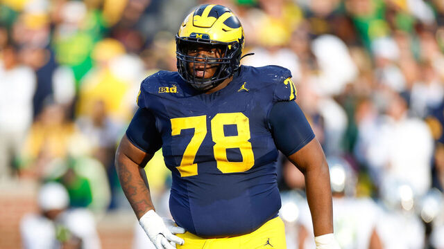 ANN ARBOR, MICHIGAN - NOVEMBER 2: Kenneth Grant #78 of the Michigan Wolverines walks between plays during the first half of a game against the Oregon Ducks at Michigan Stadium on November 2, 2024 in Ann Arbor, Michigan.