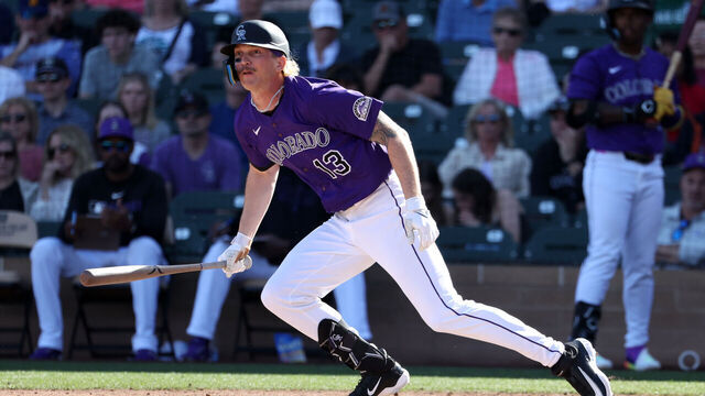 SCOTTSDALE, AZ - MARCH 2: Zac Veen #13 of the Colorado Rockies bats during the game against the Seattle Mariners at Salt River Fields at Talking Stick on March 2, 2025 in Scottsdale, AZ.