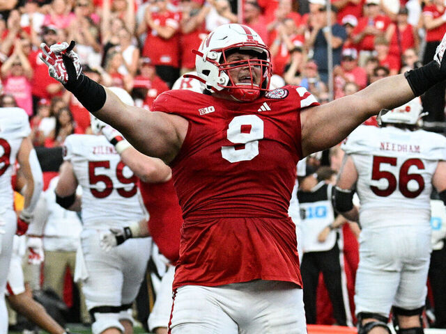 LINCOLN, NEBRASKA - OCTOBER 5: Ty Robinson #9 of the Nebraska Cornhuskers celebrates a goal line stop against the Rutgers Scarlet Knights during the third quarter at Memorial Stadium on October 5, 2024 in Lincoln, Nebraska.