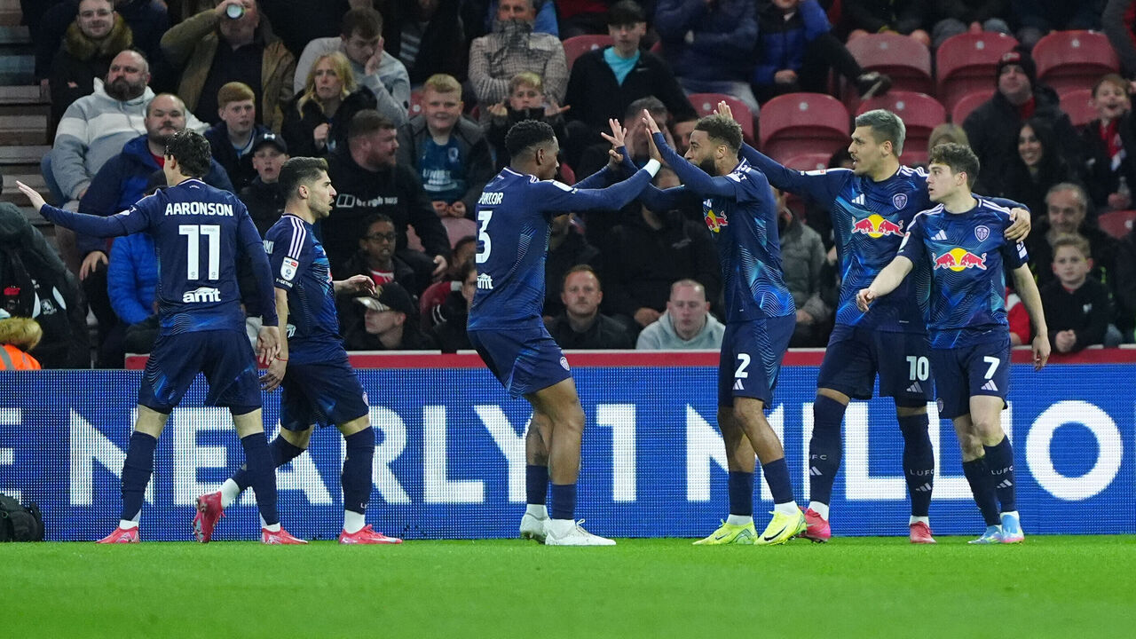 Leeds United's Daniel James (right) celebrates with team-mates after scoring their side's first goal of the game during the Sky Bet Championship match at the Riverside Stadium, Middlesbrough. Picture date: Tuesday April 8, 2025.