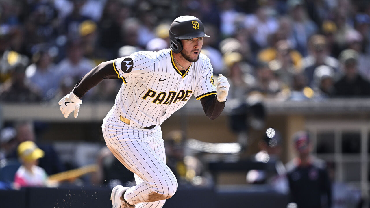 SAN DIEGO, CALIFORNIA - APRIL 02: Jackson Merrill #3 of the San Diego Padres bats during the seventh inning against the Cleveland Guardians at Petco Park on April 02, 2025 in San Diego, California.