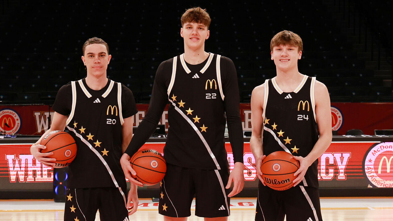 BROOKLYN, NY - APRIL 01: From left to right McDonalds High School All Americans Darius Adams (20) and Eric Reibe (22) and Braylon Mullins (24) who will all be attending UCONN pose for a group photo before the McDonalds Boys High School All American Game on April 1, 2025, at the Barclays Center in Brooklyn, New York.