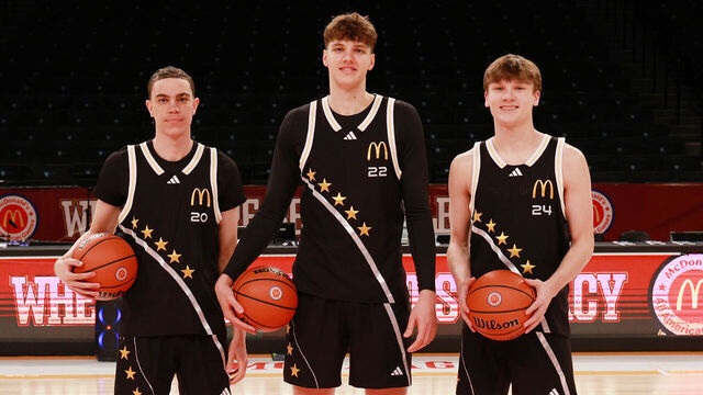 BROOKLYN, NY - APRIL 01: From left to right McDonalds High School All Americans Darius Adams (20) and Eric Reibe (22) and Braylon Mullins (24) who will all be attending UCONN pose for a group photo before the McDonalds Boys High School All American Game on April 1, 2025, at the Barclays Center in Brooklyn, New York.