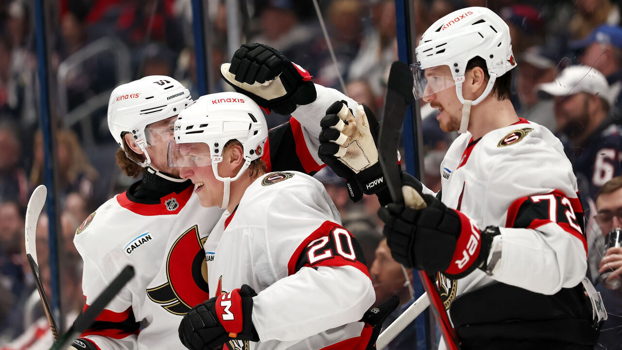 COLUMBUS, OHIO - APRIL 8: Fabian Zetterlund #20 of the Ottawa Senators is congratulated by Adam Gaudette #81 and Thomas Chabot #72 after scoring a goal during the second period of the game against the Columbus Blue Jackets at Nationwide Arena on April 8, 2025 in Columbus, Ohio.