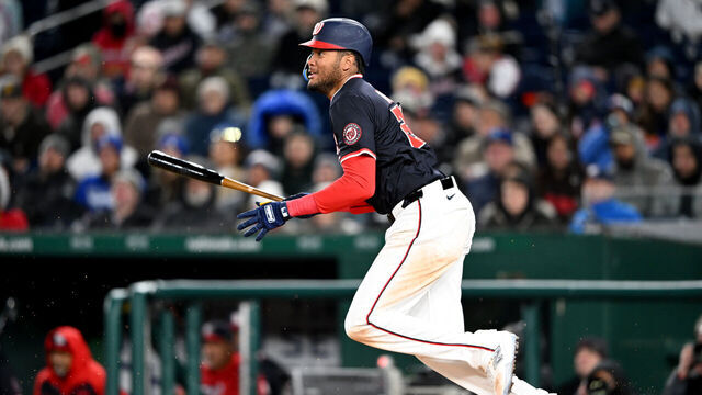 WASHINGTON, DC - APRIL 08: James Wood #29 of the Washington Nationals hits a single in the sixth inning against the Los Angeles Dodgers at Nationals Park on April 08, 2025 in Washington, DC.