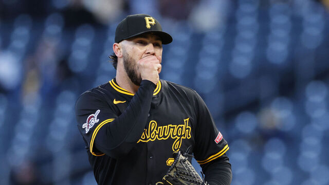 PITTSBURGH, PA - APRIL 08: Pittsburgh Pirates pitcher Paul Skenes (30) tries to keep his hand warm in between pitches during an MLB game against the St. Louis Cardinals on April 08, 2025 at PNC Park in Pittsburgh, Pennsylvania.