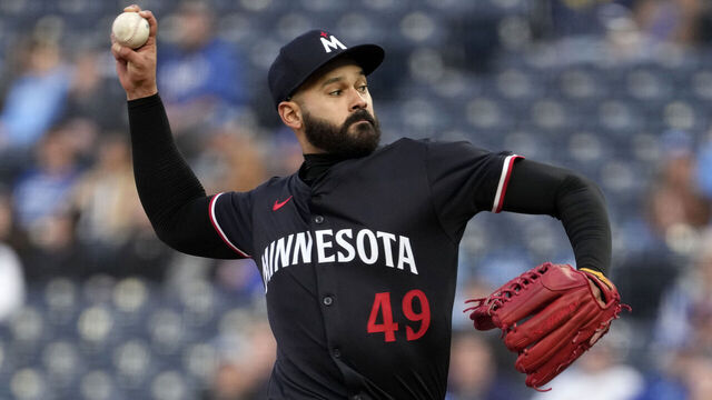 KANSAS CITY, MISSOURI - APRIL 08: Pablo López #49 of the Minnesota Twins throws in the first inning against the Kansas City Royals at Kauffman Stadium on April 08, 2025 in Kansas City, Missouri.