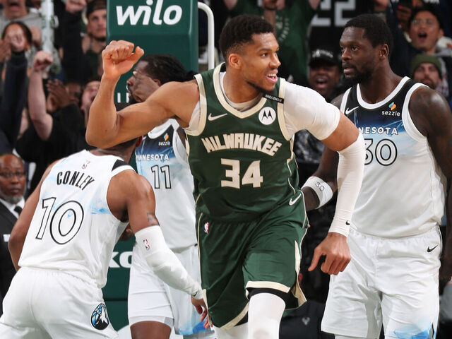 MILWAUKEE, WI - APRIL 8: Giannis Antetokounmpo #34 of the Milwaukee Bucks celebrates during the game against the Minnesota Timberwolves on April 8, 2025 at Fiserv Forum Center in Milwaukee, Wisconsin. Mandatory Copyright Notice: Copyright 2025 NBAE .