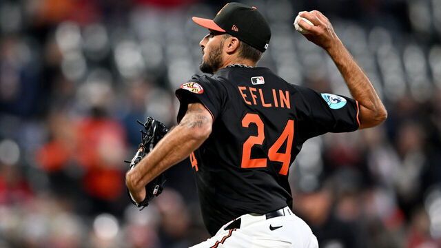 BALTIMORE, MARYLAND - APRIL 02: Zach Eflin #24 of the Baltimore Orioles pitches against the Boston Red Sox at Oriole Park at Camden Yards on April 02, 2025 in Baltimore, Maryland.