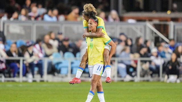 SAN JOSE, CALIFORNIA - APRIL 08: Amanda Gutierres #11 of Brazil celebrates with Luany #19 after playing the United States at PayPal Park on April 08, 2025 in San Jose, California.
