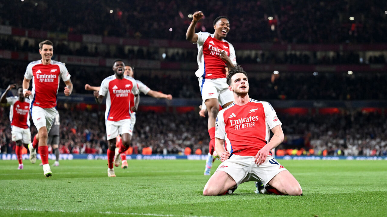 LONDON, ENGLAND - APRIL 08: Declan Rice celebrates scoring the 1st Arsenal goal during the UEFA Champions League 2024/25 Quarter Final First Leg match between Arsenal FC and Real Madrid C.F. at Arsenal Stadium on April 08, 2025 in London, England.