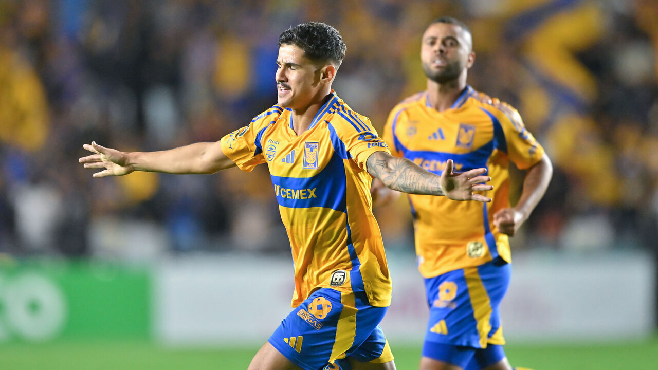 MONTERREY, MEXICO - APRIL 08: Rómulo Zanré of Tigres celebrates after scoring the team's third goal during the 2025 Concacaf Champions Cup match between Tigres UANL and LA Galaxy at Universitario Stadium on April 08, 2025 in Monterrey, Mexico.