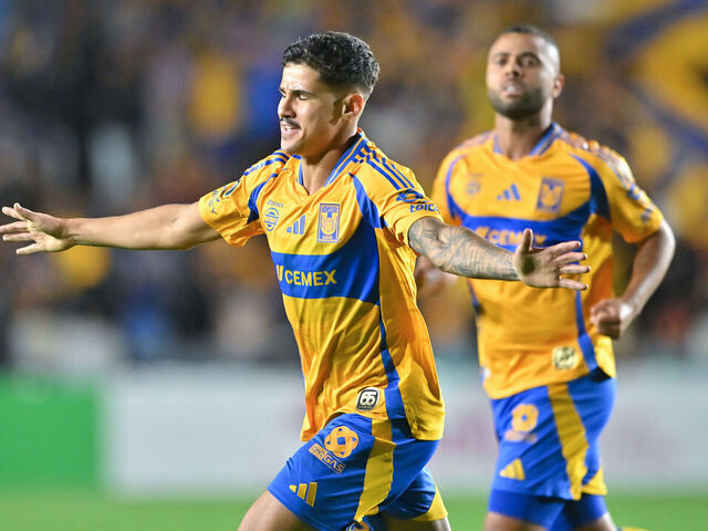 MONTERREY, MEXICO - APRIL 08: Rómulo Zanré of Tigres celebrates after scoring the team's third goal during the 2025 Concacaf Champions Cup match between Tigres UANL and LA Galaxy at Universitario Stadium on April 08, 2025 in Monterrey, Mexico.