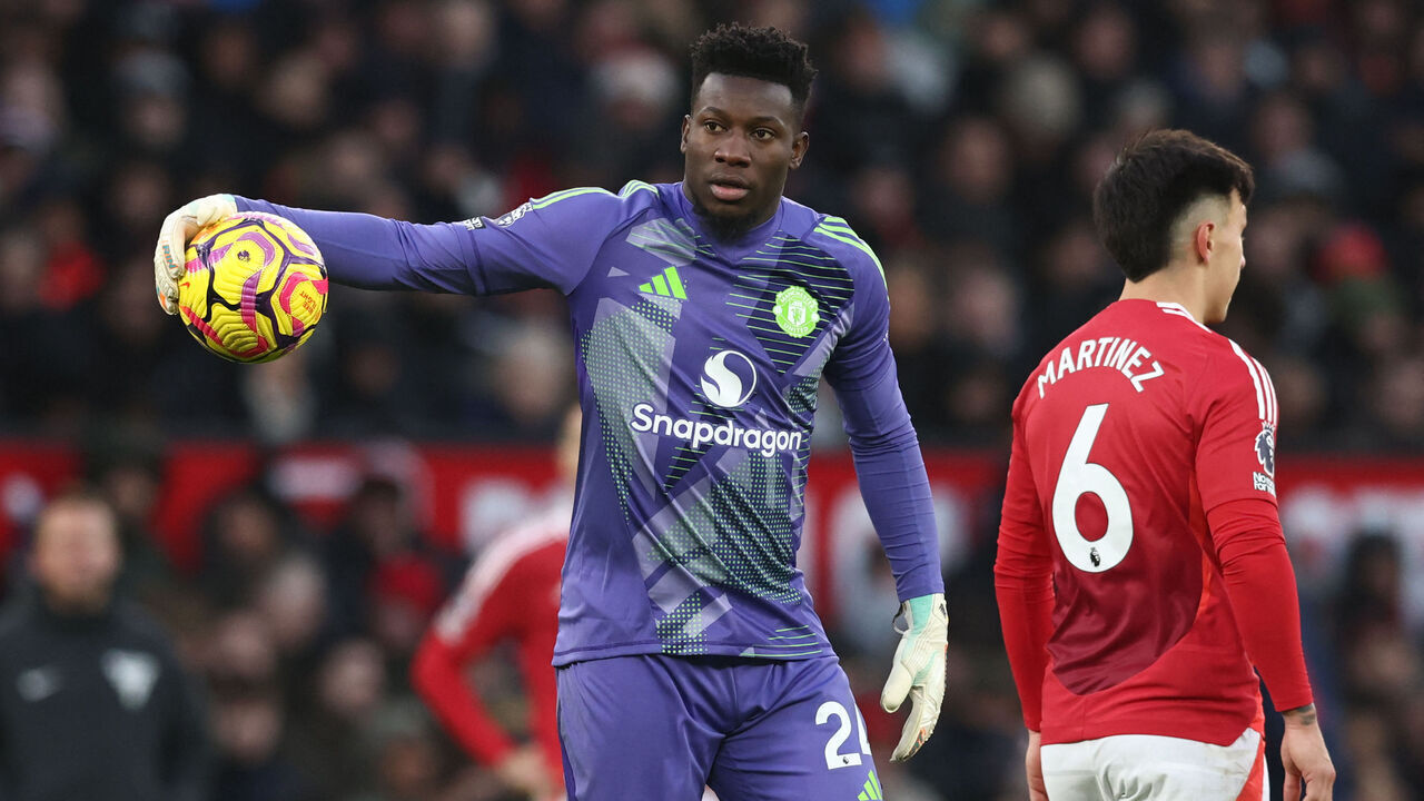 Manchester United's Cameroonian goalkeeper #24 Andre Onana reacts to conceding their third goal during the English Premier League football match between Manchester United and Bournemouth at Old Trafford in Manchester, north west England, on December 22, 2024.