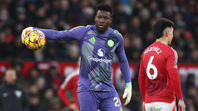 Manchester United's Cameroonian goalkeeper #24 Andre Onana reacts to conceding their third goal during the English Premier League football match between Manchester United and Bournemouth at Old Trafford in Manchester, north west England, on December 22, 2024.