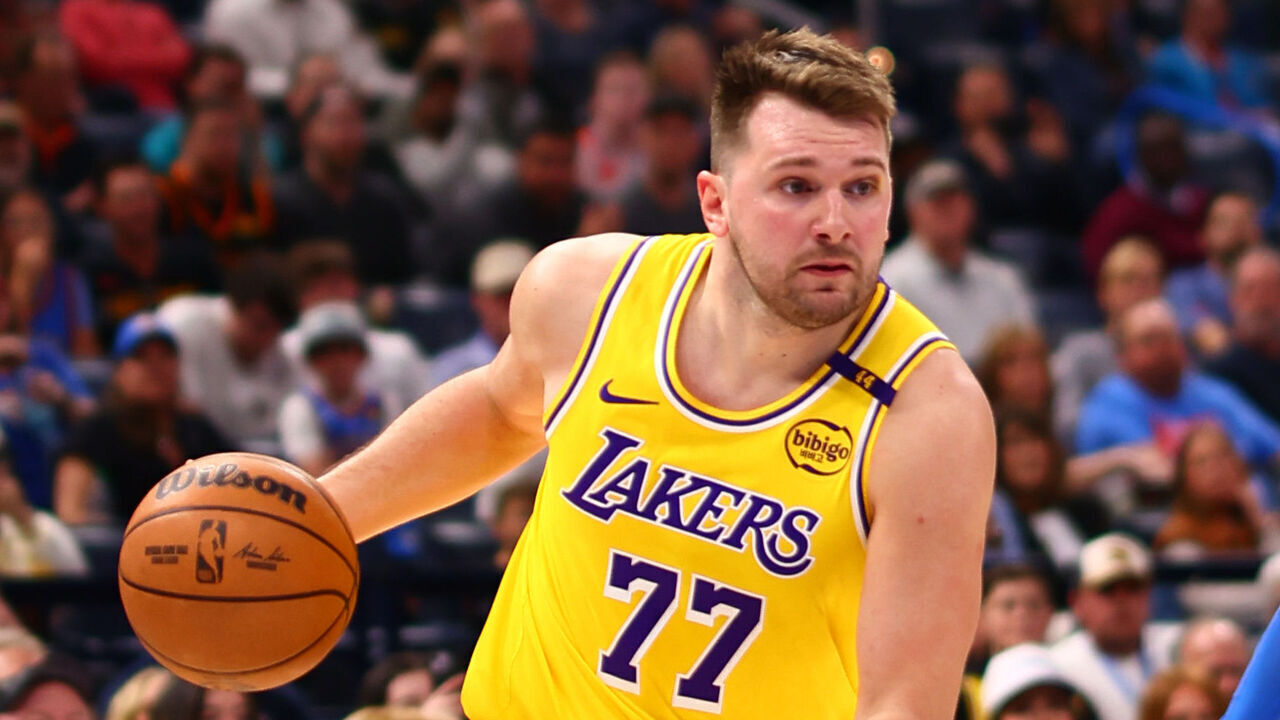 OKLAHOMA CITY, OK - APRIL 8: Luka Doncic #77 of the Los Angeles Lakers dribbles the ball during the game against the Oklahoma City Thunder on April 8, 2025 at Paycom Center in Oklahoma City, Oklahoma. Mandatory Copyright Notice: Copyright 2025 NBAE