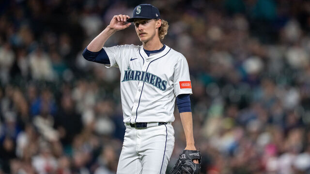 SEATTLE, WA -MARCH 29: Starting pitcher Bryce Miller #50 of the Seattle Mariners walks off the field during a game against the Athletics at T-Mobile Park on March 29, 2025 in Seattle, Washington. The Athletics won 4-2.