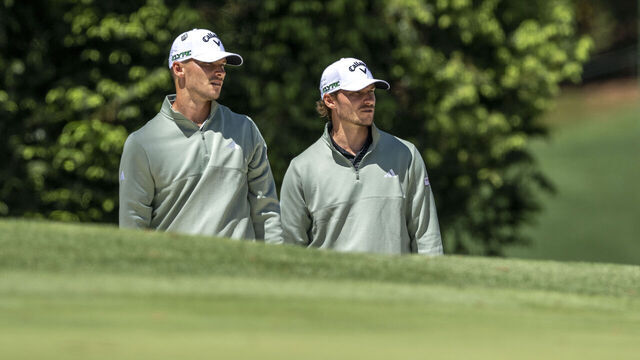 Nicolai Hojgaard of Denmark and Rasmus Hojgaard of Denmark in the bunker on No. 10 hole during practice round 2 prior to the Masters at Augusta National Golf Club, Tuesday, April 08, 2025.