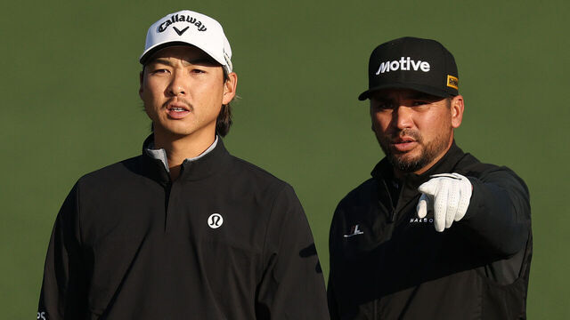 AUGUSTA, GEORGIA - APRIL 09: Min Woo Lee of Australia interacts with Jason Day of Australia on the second hole during a practice round prior to the 2025 Masters Tournament at Augusta National Golf Club on April 09, 2025 in Augusta, Georgia.