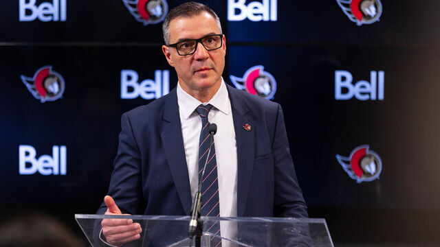 OTTAWA, ON - JANUARY 12: Ottawa Senators President of Hockey Operations and General Manager Steve Staios addresses the media before National Hockey League action between the Dallas Stars and Ottawa Senators on January 12, 2025, at Canadian Tire Centre in Ottawa, ON, Canada.