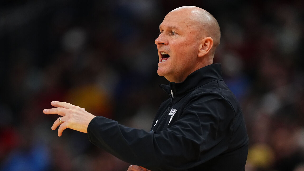 MILWAUKEE, WISCONSIN - MARCH 21: Head coach Lennie Acuff of the Lipscomb Bisons shouts from the sideline against the Iowa State Cyclones during the first round of the 2025 NCAA Men's Basketball Tournament held at Fiserv Forum on March 21, 2025 in Milwaukee, Wisconsin.