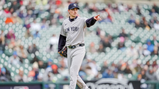 DETROIT, MICHIGAN - APRIL 09: Max Fried #54 of the New York Yankees points against the Detroit Tigers during the bottom of the seventh inning at Comerica Park on April 09, 2025 in Detroit, Michigan.