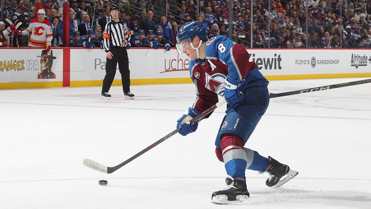 DENVER, COLORADO - MARCH 31: Cale Makar #8 of the Colorado Avalanche skates against the Calgary Flames at Ball Arena on March 31, 2025 in Denver, Colorado.