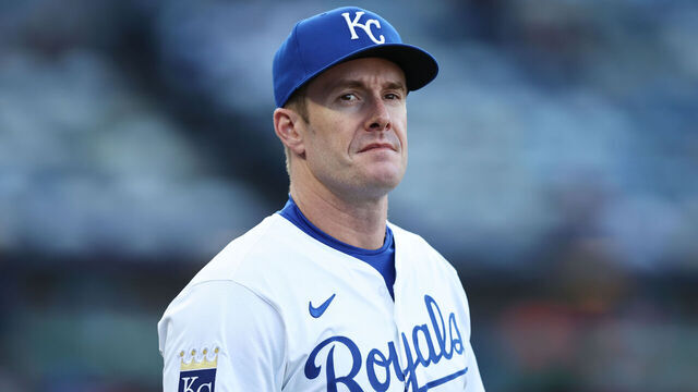 KANSAS CITY, MO - APRIL 08: Kansas City Royals first base Mark Canha (21) before an MLB game between the Minnesota Twins and Kansas City Royals on April 8, 2025 at Kauffman Stadium in Kansas City, MO.