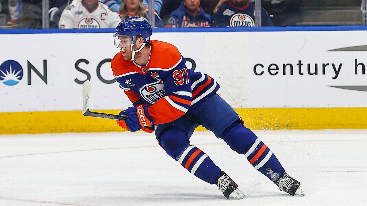 EDMONTON, AB - MARCH 20: Edmonton Oilers Center Connor McDavid (97) in action in the first period of the Edmonton Oilers game versus the Winnipeg Jets on March 20, 2025 at Rogers Place in Edmonton, AB.