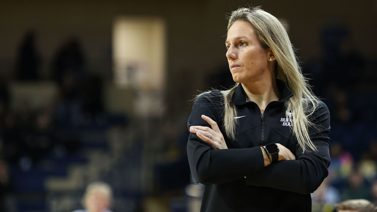 TOLEDO, OH - FEBRUARY 08: Buffalo Bulls head coach Becky Burke looks on during the first quarter of a Mid-American Conference regular season college womens basketball game between the Buffalo Bulls and the Toledo Rockets on February 8, 2023 at Savage Arena in Toledo, Ohio.