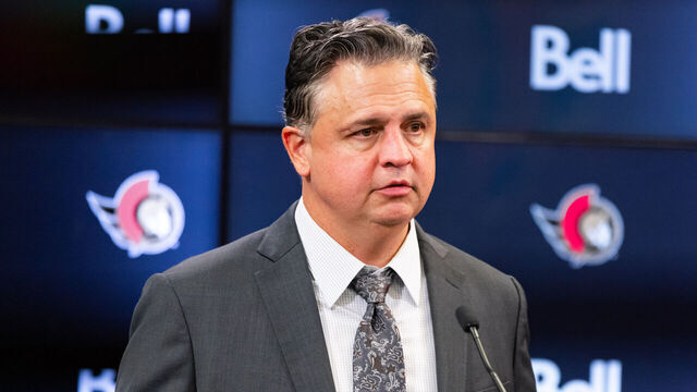 OTTAWA, ON - OCTOBER 05: Ottawa Senators Head Coach Travis Green during a press conference after National Hockey League preseason action between the Montreal Canadiens and Ottawa Senators on October 5, 2024, at Canadian Tire Centre in Ottawa, ON, Canada.