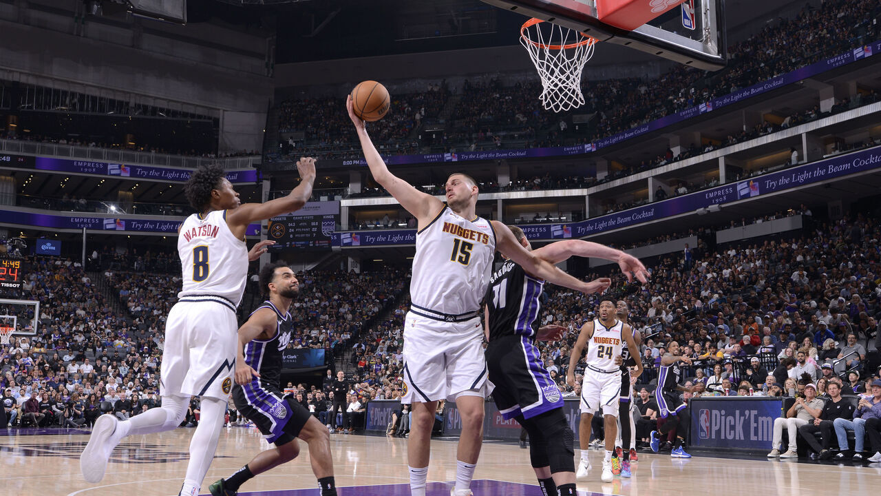 SACRAMENTO, CA - APRIL 9: Nikola Jokic #15 of the Denver Nuggets rebounds the ball during the game against the Sacramento Kings on April 9, 2025 at Golden 1 Center in Sacramento, California. Mandatory Copyright Notice: Copyright 2025 NBAE
